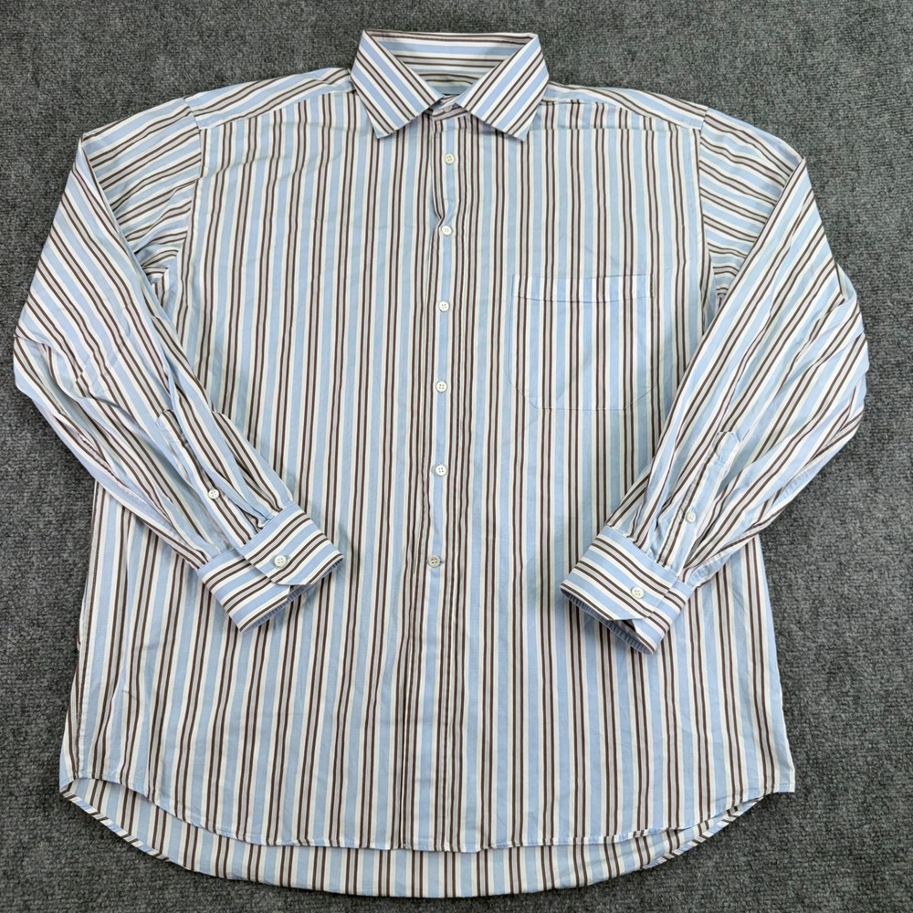 Canali Dress Shirt Men's 17.5 44 White Blue Brown Striped Cotton Button Up Italy